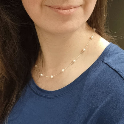 Silver freshwater pearl station necklace