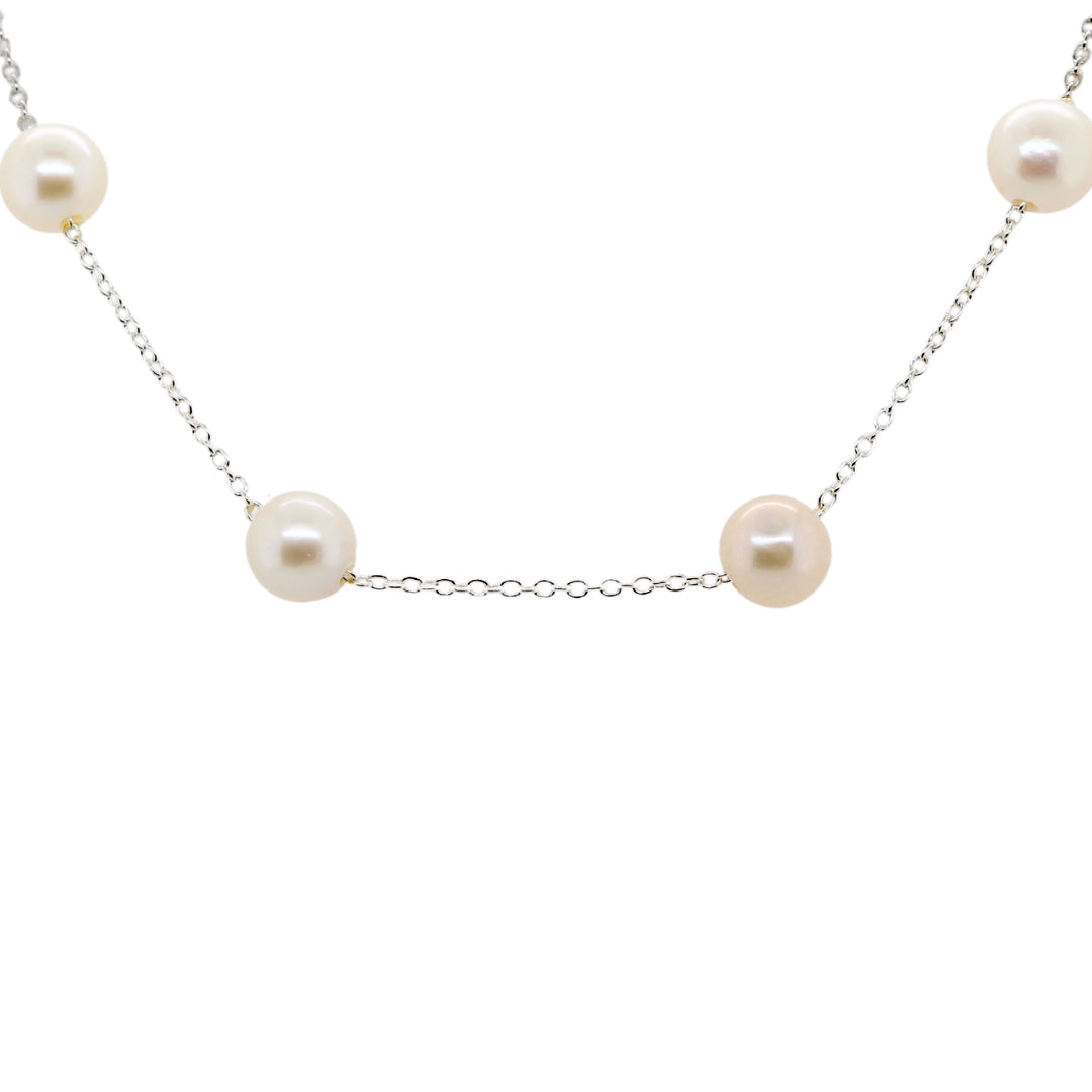 Silver freshwater pearl station necklace