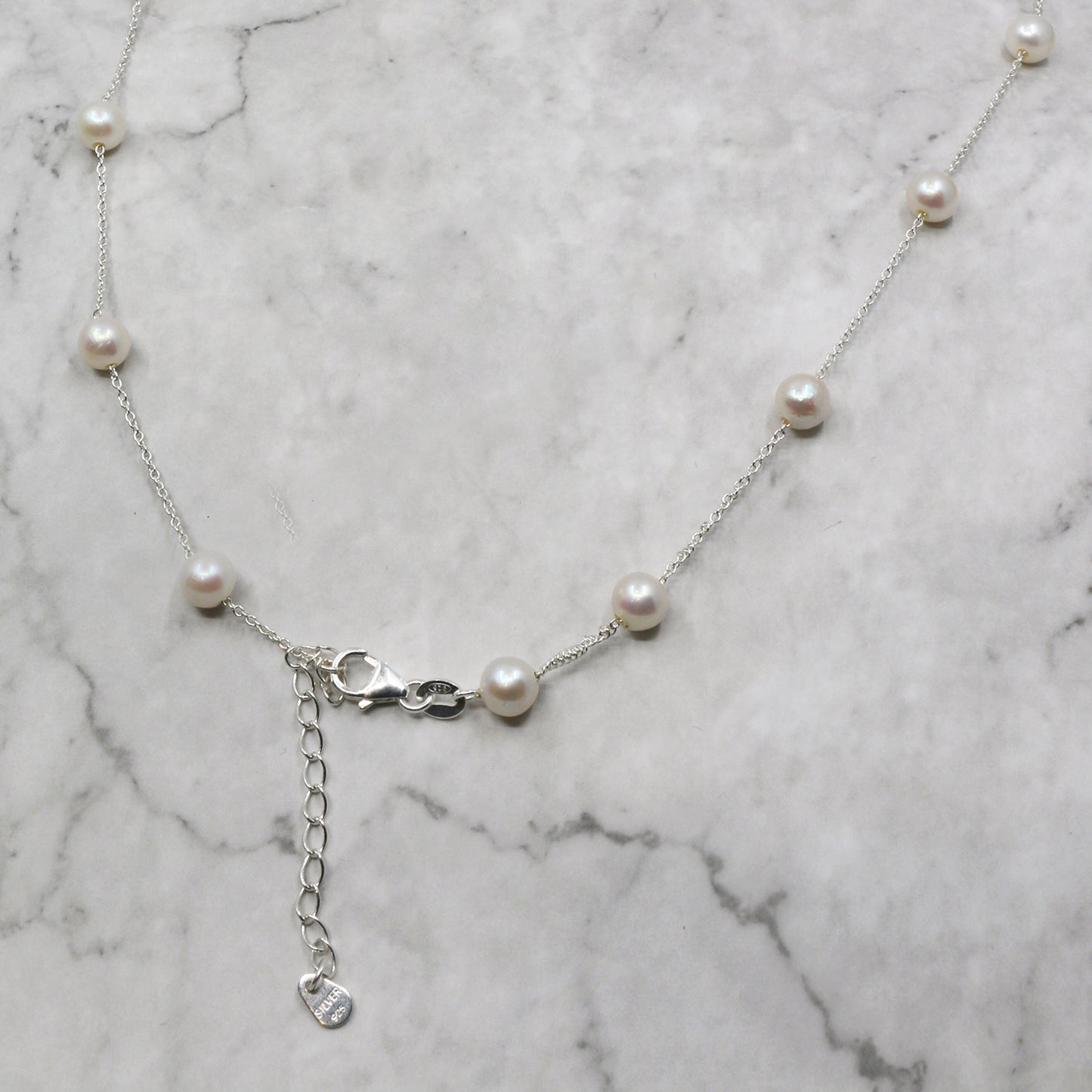 Silver freshwater pearl station necklace