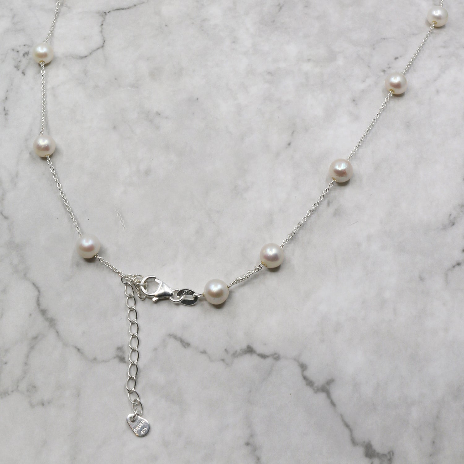 Silver freshwater pearl station necklace