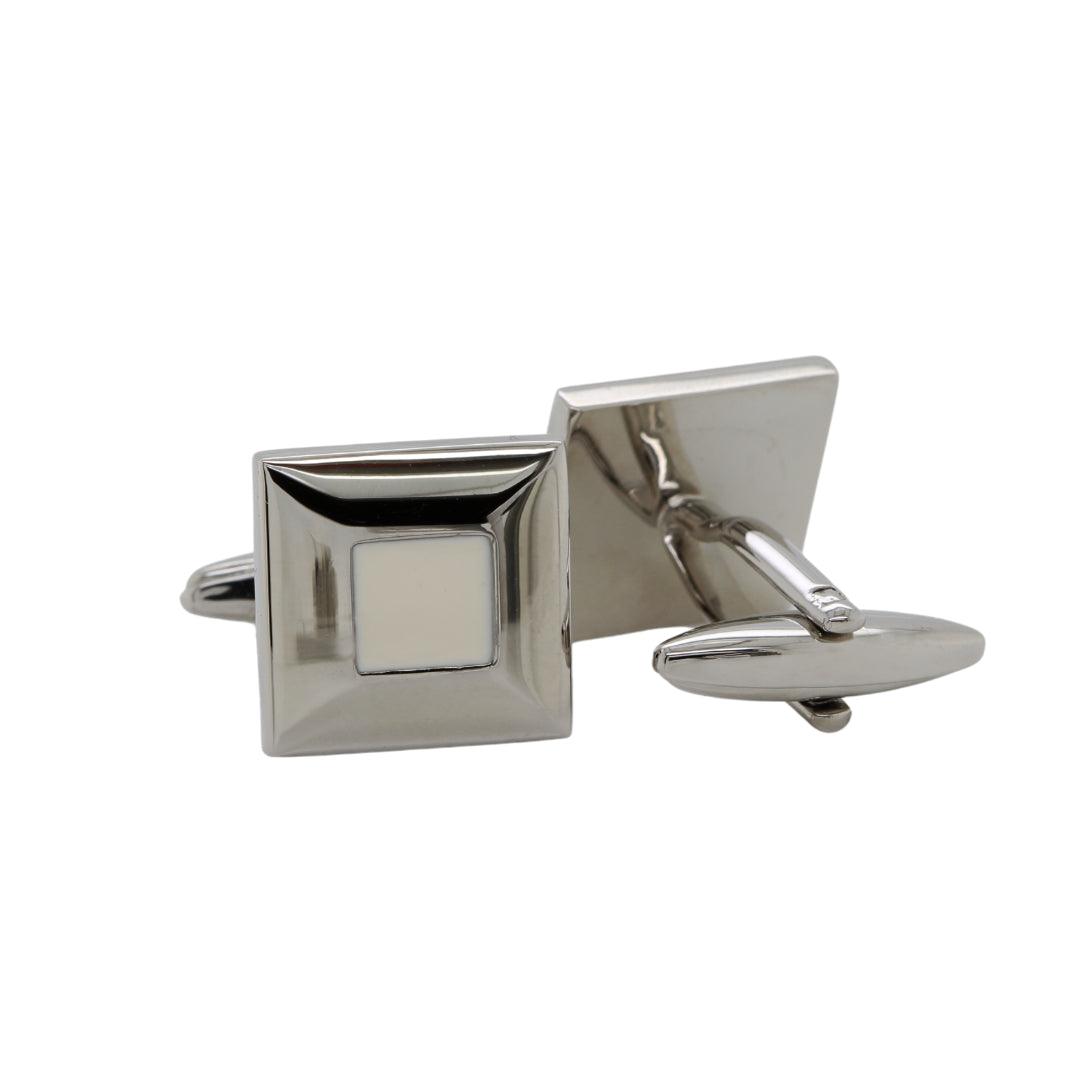 Silver toned metal square cufflinks with white centre